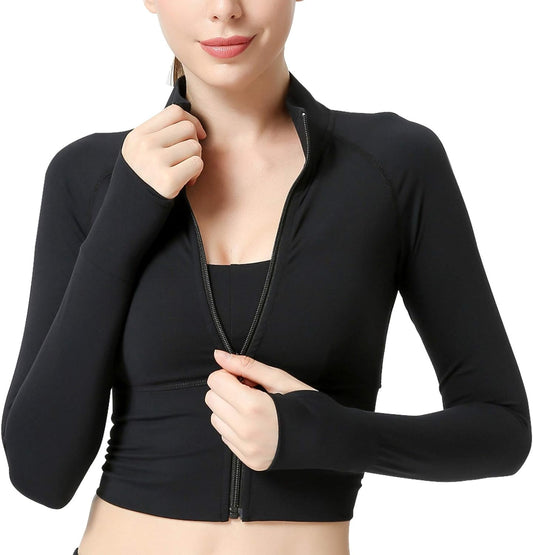 Women’ Athletic Jacket Full Zip up Tight Cropped Black Bodysuit Workout Crop Top Teen Girl Seamless Ribbed Lightweight Outerwear Tracksuit